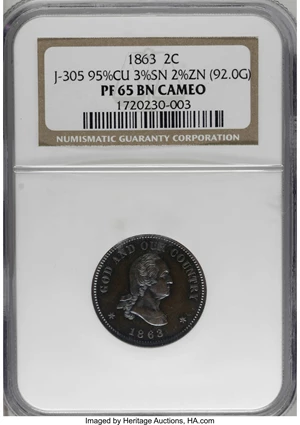 image for: 1863 2C Two Cents, Judd-305, Pollock-370, R.4, PR65 Brown Cameo NGC....