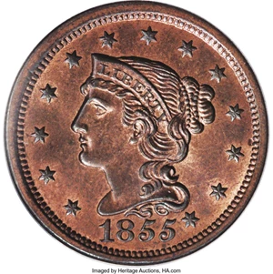 image for: 1855 1C Knob on Ear MS65 Red and Brown PCGS....