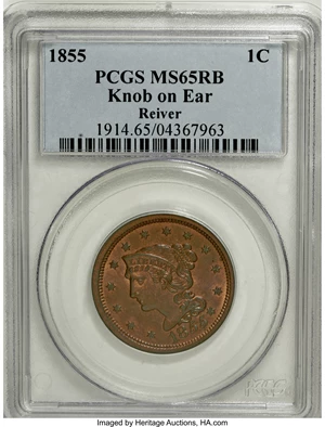 image for: 1855 1C Knob on Ear MS65 Red and Brown PCGS....