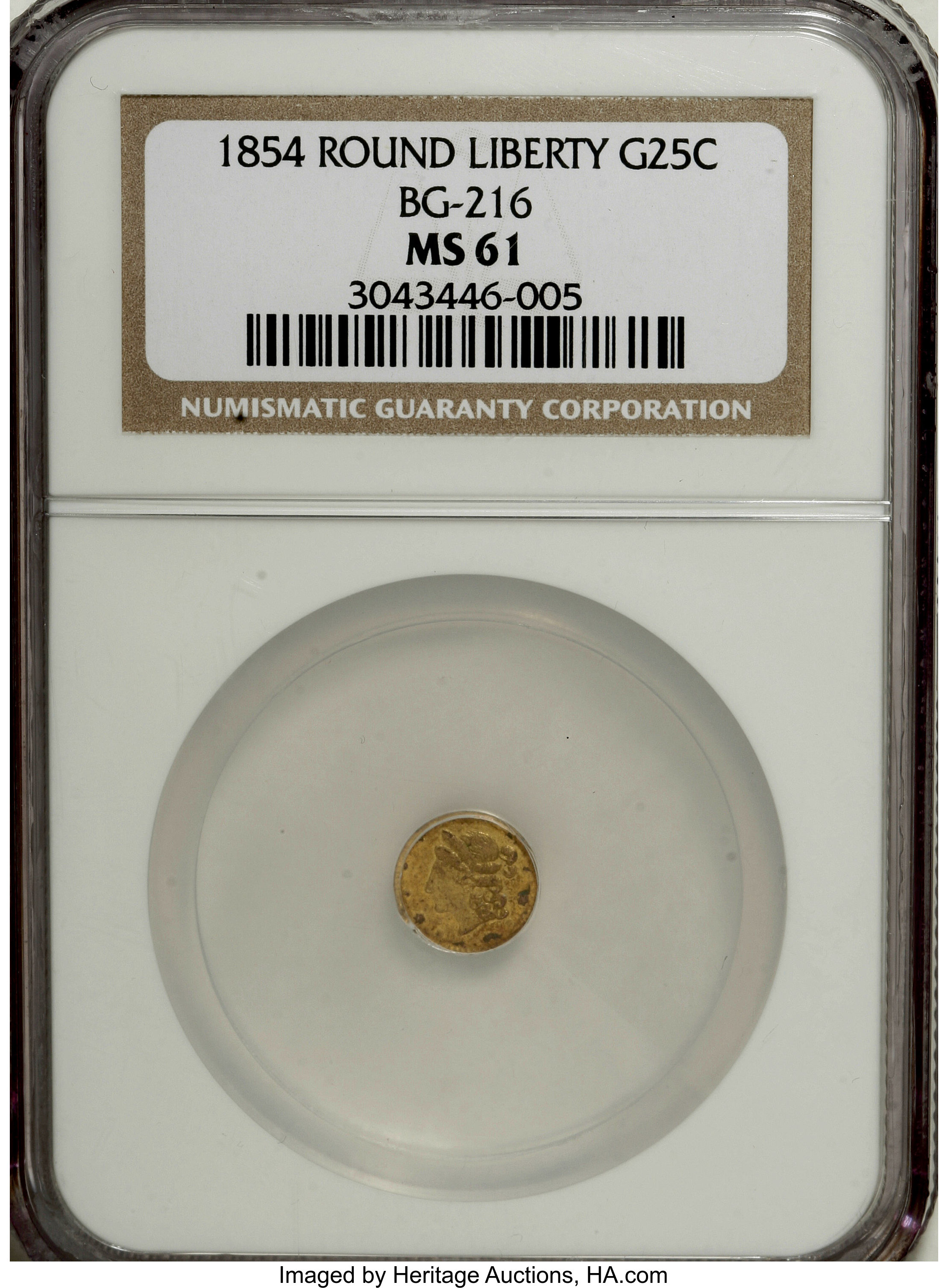 image for: 1854 25C Liberty Round 25 Cents, BG-216, R.6, MS61 NGC....
