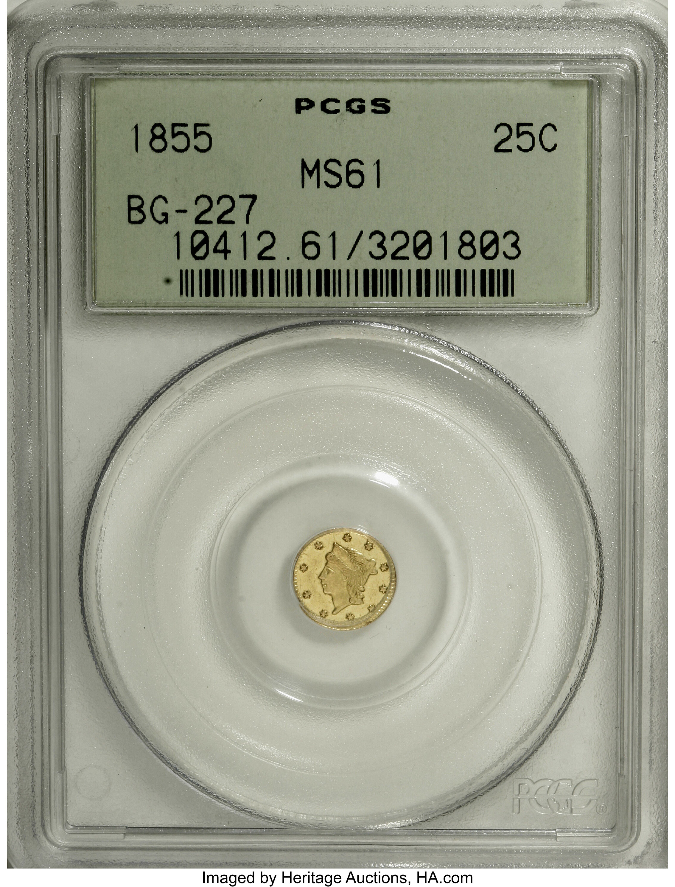 image for: 1855 25C Liberty Round 25 Cents, BG-227, R.6, MS61 PCGS....