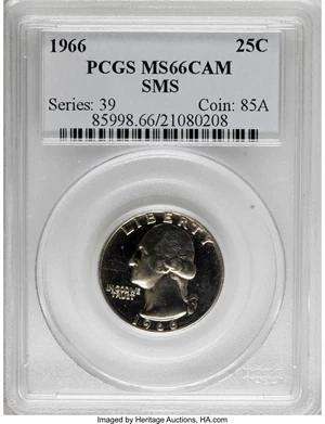 image for: 1966 25C SMS MS66 Cameo PCGS. PCGS Population (71/76). NGC Census: (19/62). (#85998)...