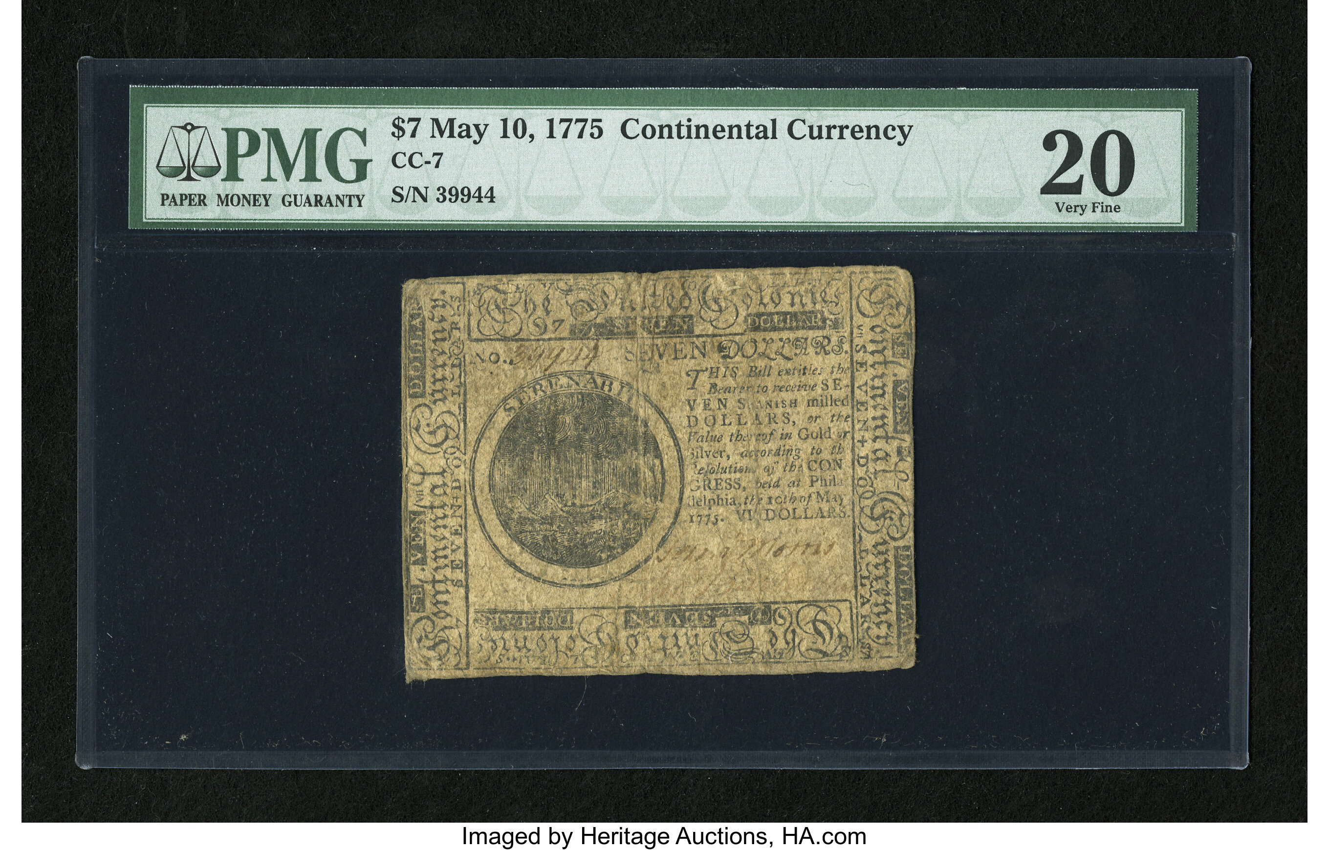 image for: Continental Currency May 10, 1775 $7 PMG Very Fine 20....