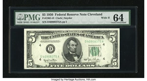 image for: Fr. 1961-D $5 1950 Wide II Federal Reserve Note. PMG Choice Uncirculated 64....