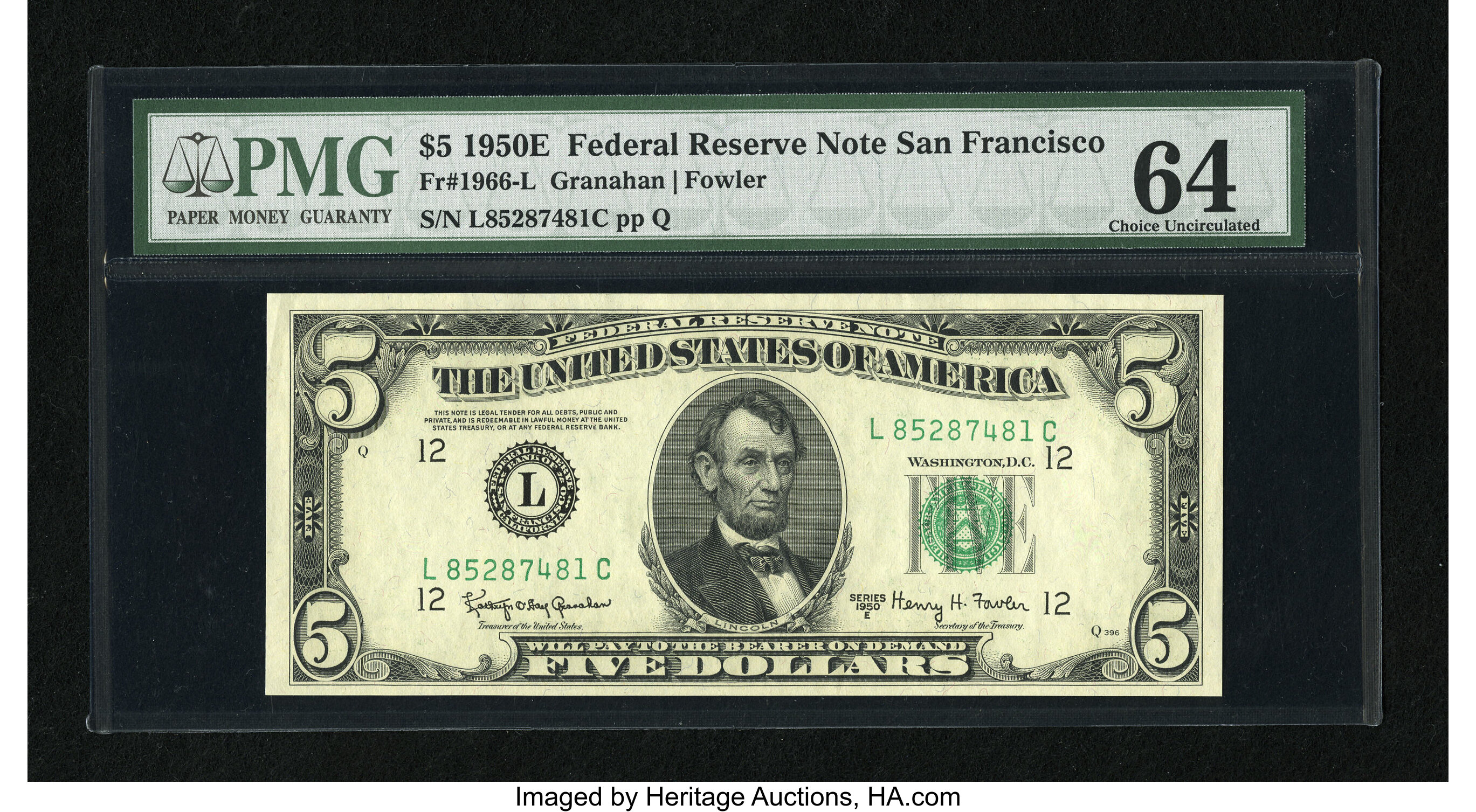 image for: Fr. 1966-L $5 1950E Federal Reserve Note. PMG Choice Uncirculated 64....