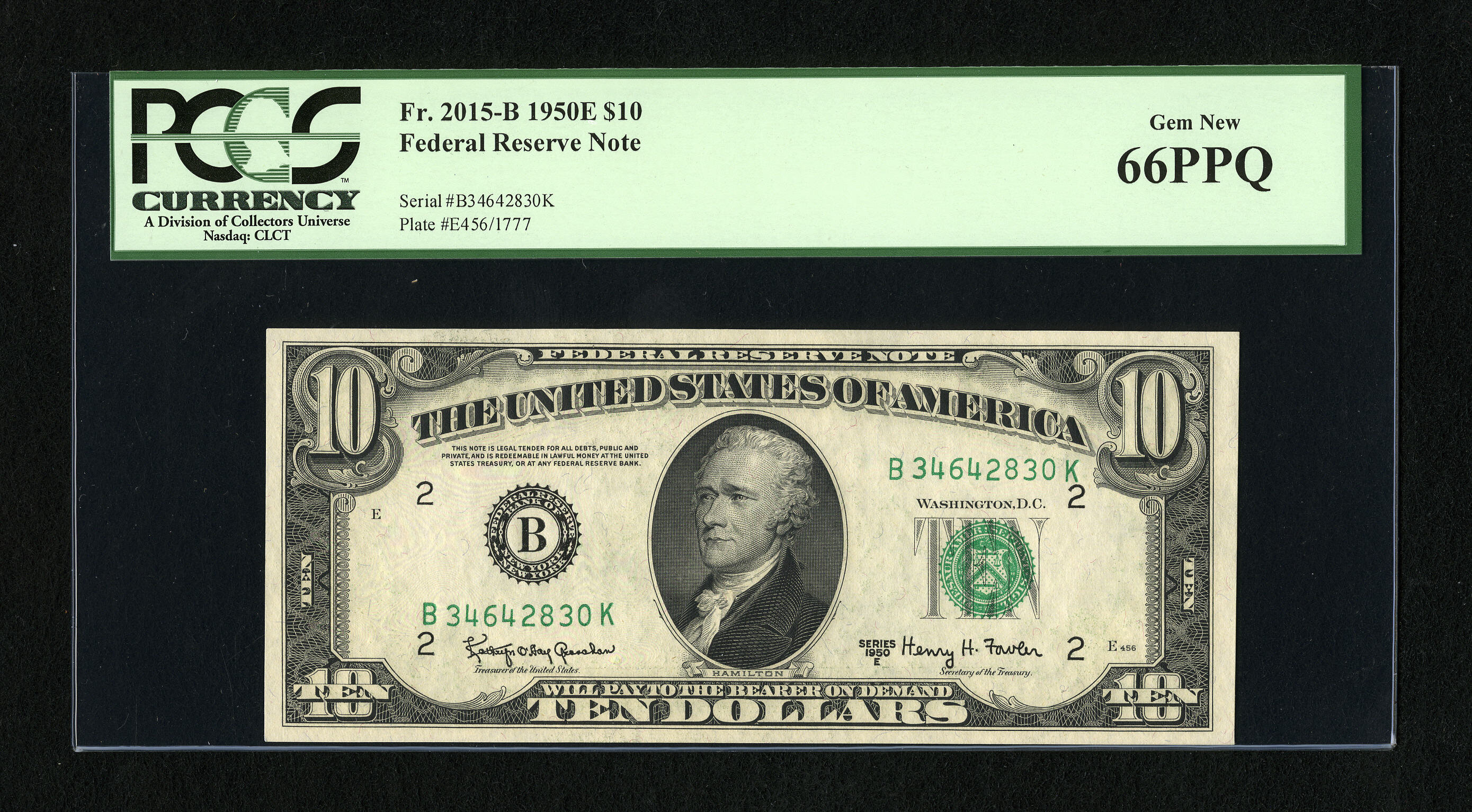 image for: Fr. 2015-B $10 1950E Federal Reserve Note. PCGS Gem New 66PPQ....
