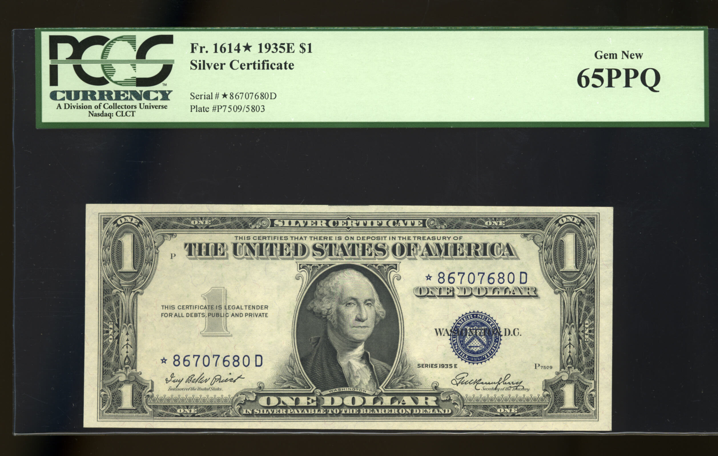 image for: Fr. 1614* $1 1935E Silver Certificate Star. PCGS Gem New 65PPQ....