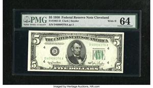 image for: Fr. 1961-D $5 1950 Wide II Federal Reserve Note. PMG Choice Uncirculated 64....