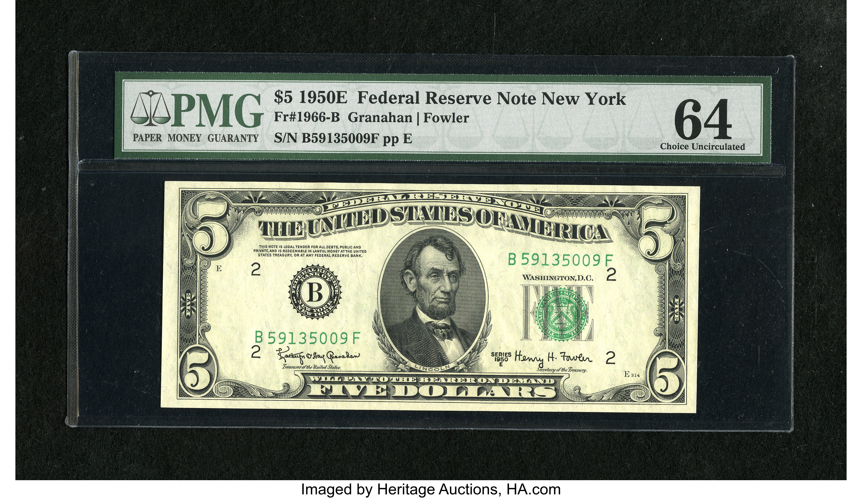 image for: Fr. 1966-B $5 1950E Federal Reserve Note. PMG Choice Uncirculated 64....