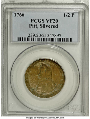 image for: 1766 1/2P Pitt Halfpenny, Silvered VF20 PCGS....