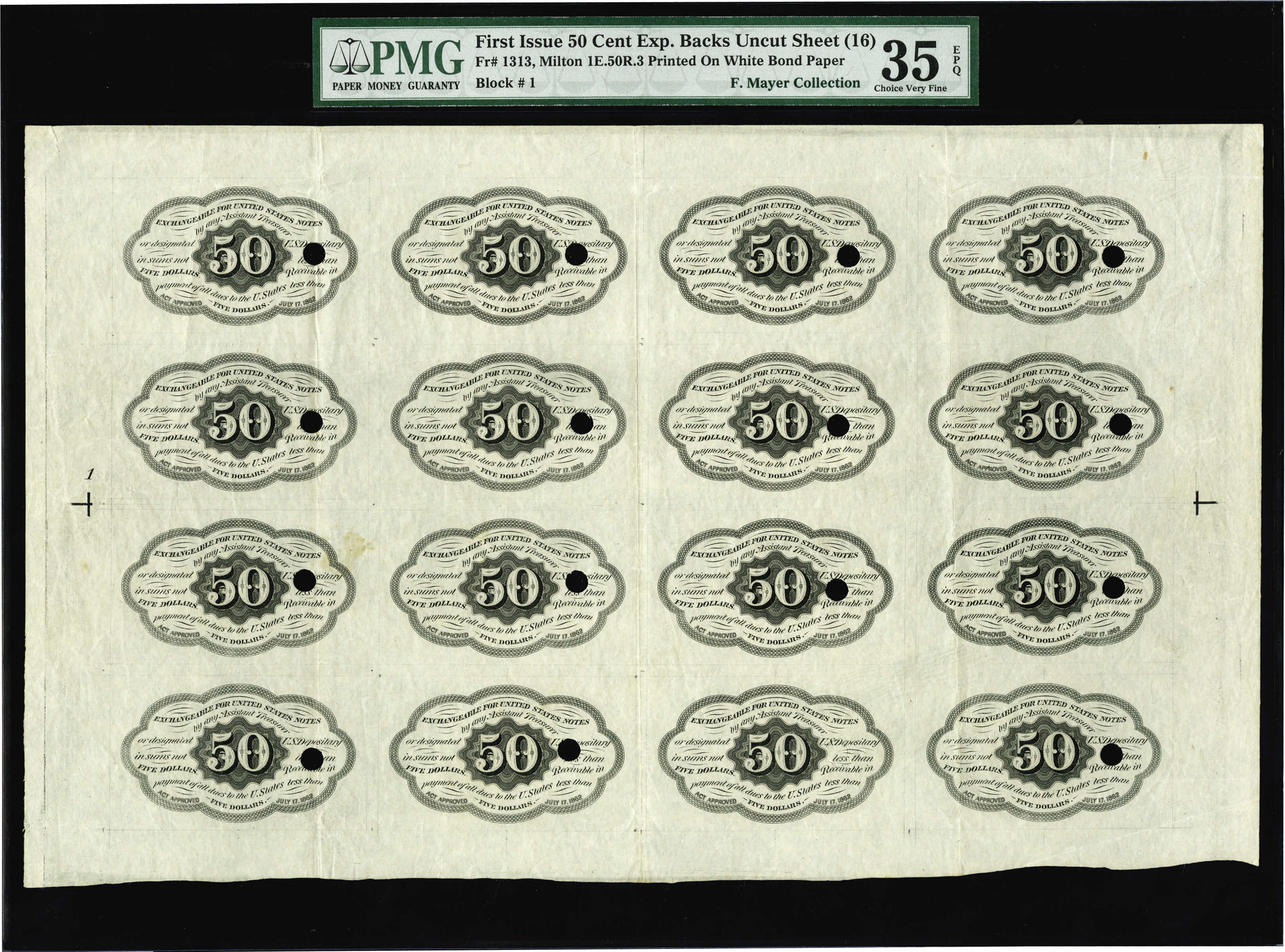 image for: Fr. 1313 Milton 1E.50R.3 50¢ First Issue Uncut Sheet of Sixteen Backs PMG Choice Very Fine 35 EPQ....