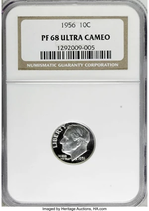 image for: 1956 10C PR68 Deep Cameo NGC. NGC Census: (24/12). PCGS Population (20/1). Numismedia Wsl. Price for NGC/PCGS coin in PR68...