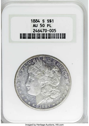 image for: 1884-S $1 AU50 Prooflike NGC. NGC Census: (11/61). PCGS Population (0/3). (#7157)From The Diamond Head Collection....