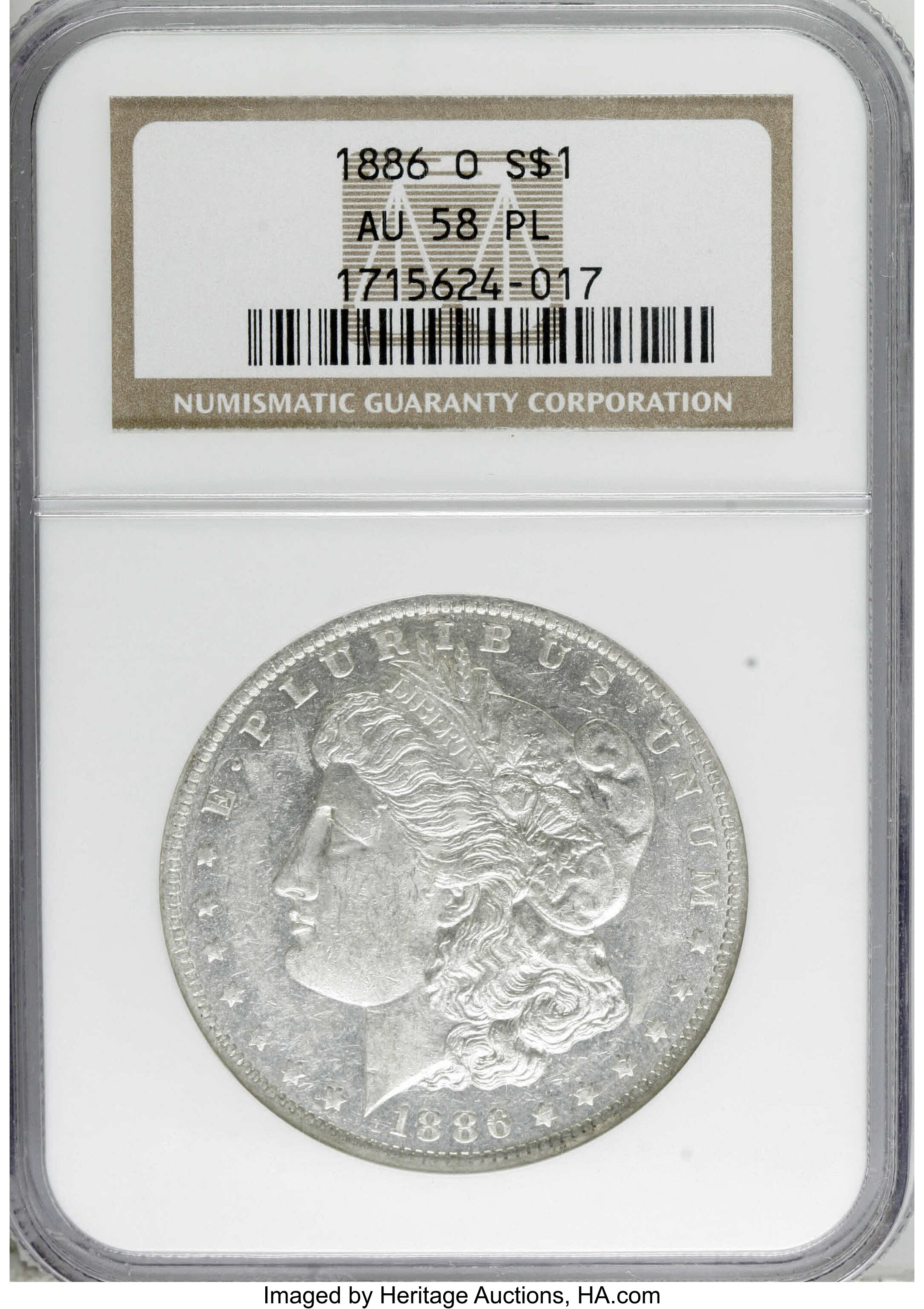 image for: 1886-O $1 AU58 Prooflike NGC. NGC Census: (10/7). PCGS Population (1/7).   (#7169)From The Diamond Head Collection....