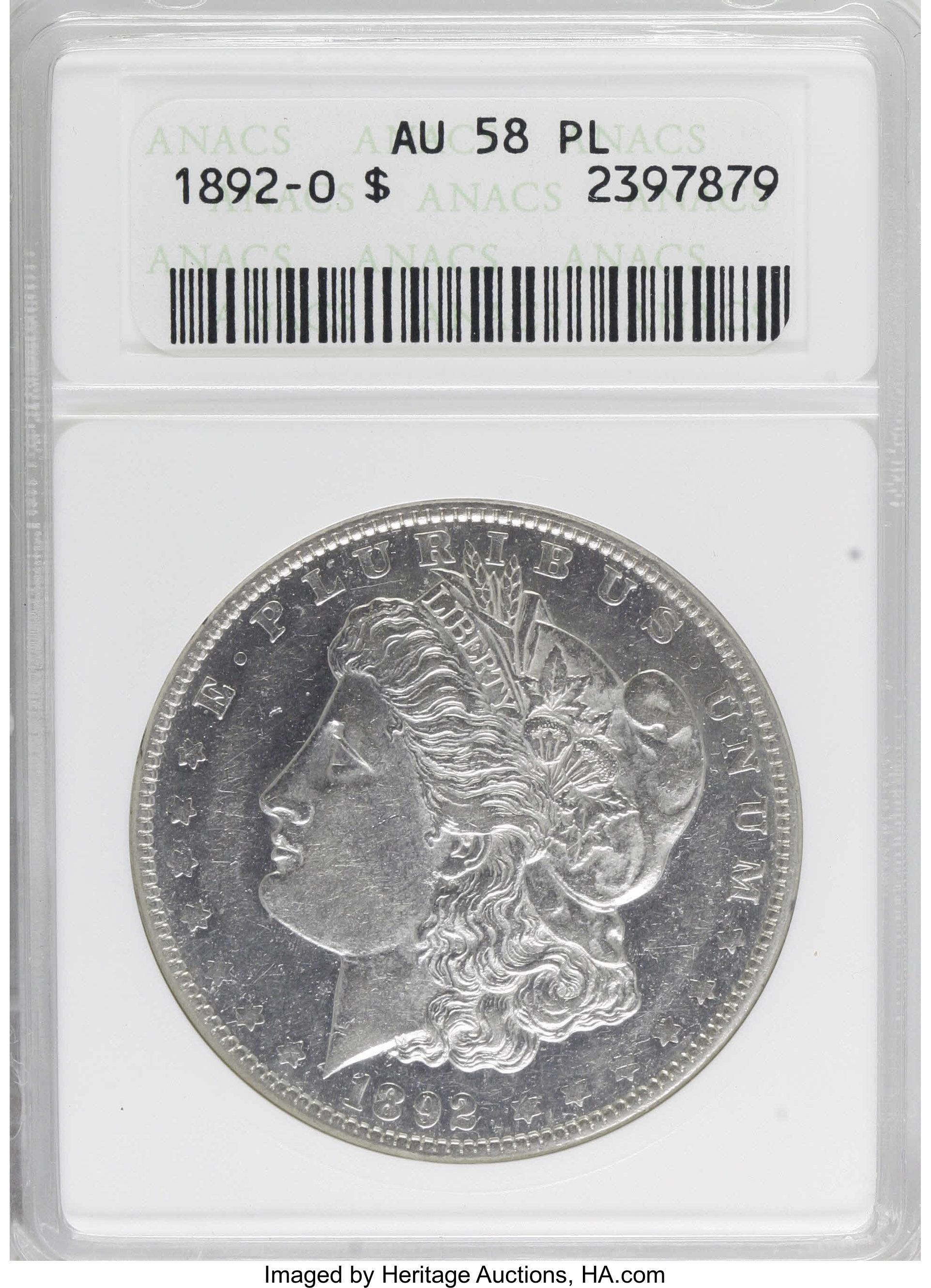 image for: 1892-O $1 AU58 Prooflike ANACS. NGC Census: (2/7). PCGS Population (0/12).   (#7217)From The Diamond Head Collection....