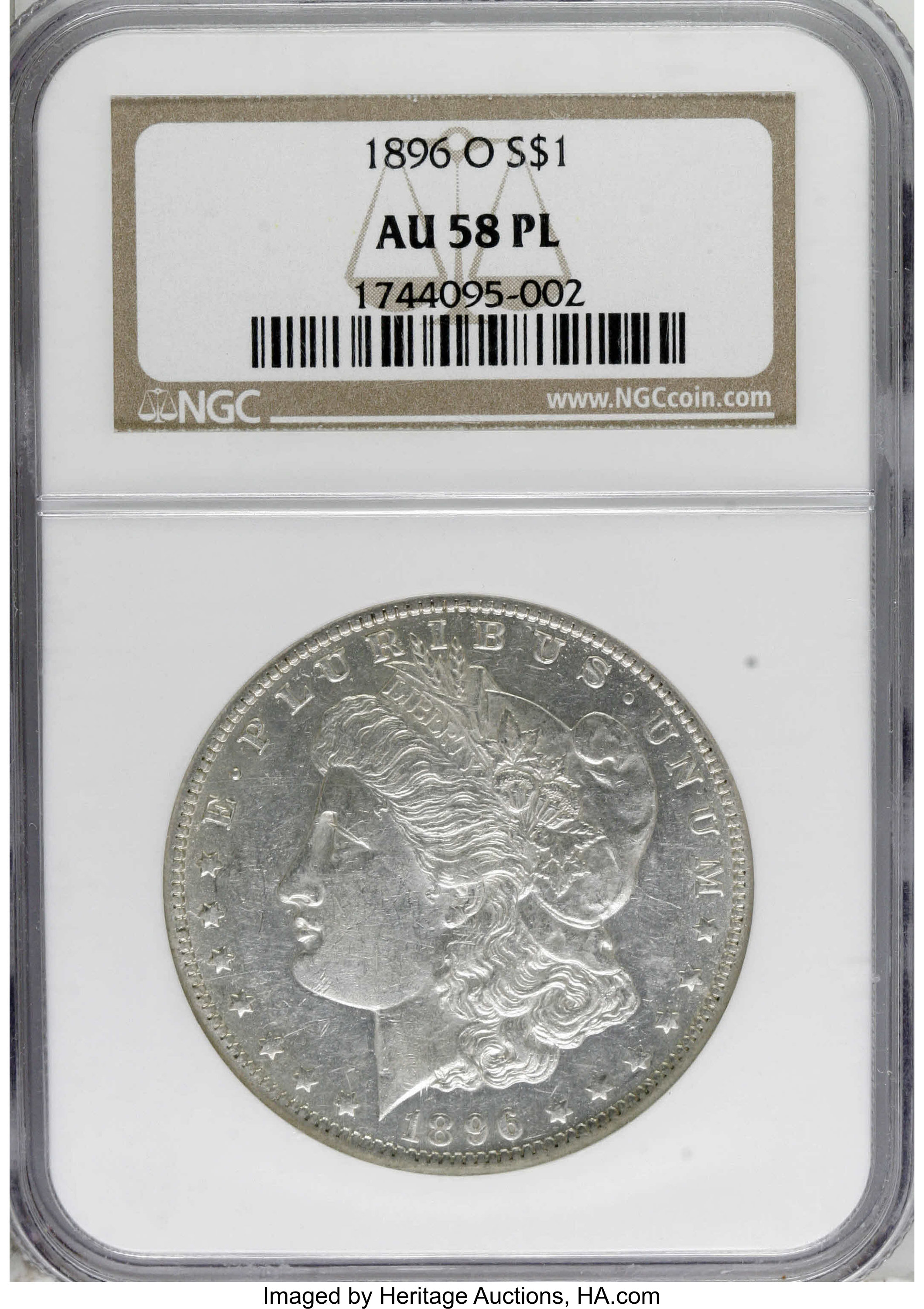 image for: 1896-O $1 AU58 Prooflike NGC. NGC Census: (11/12). PCGS Population (1/8).  Numismedia Wsl. Price for NGC/PCGS coin in AU58:...