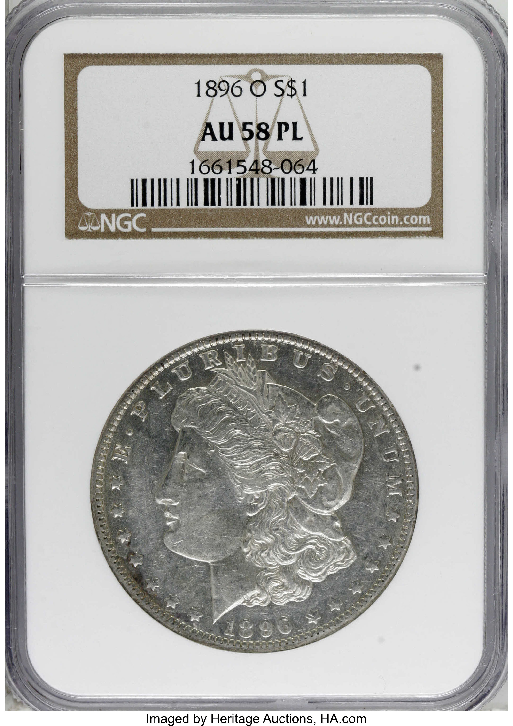image for: 1896-O $1 AU58 Prooflike NGC. NGC Census: (11/12). PCGS Population (1/8).  Numismedia Wsl. Price for NGC/PCGS coin in AU58:...