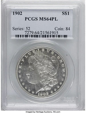 image for: 1902 $1 MS64 Prooflike PCGS. PCGS Population (19/21). NGC Census: (38/20). Numismedia Wsl. Price for NGC/PCGS coin in MS64...