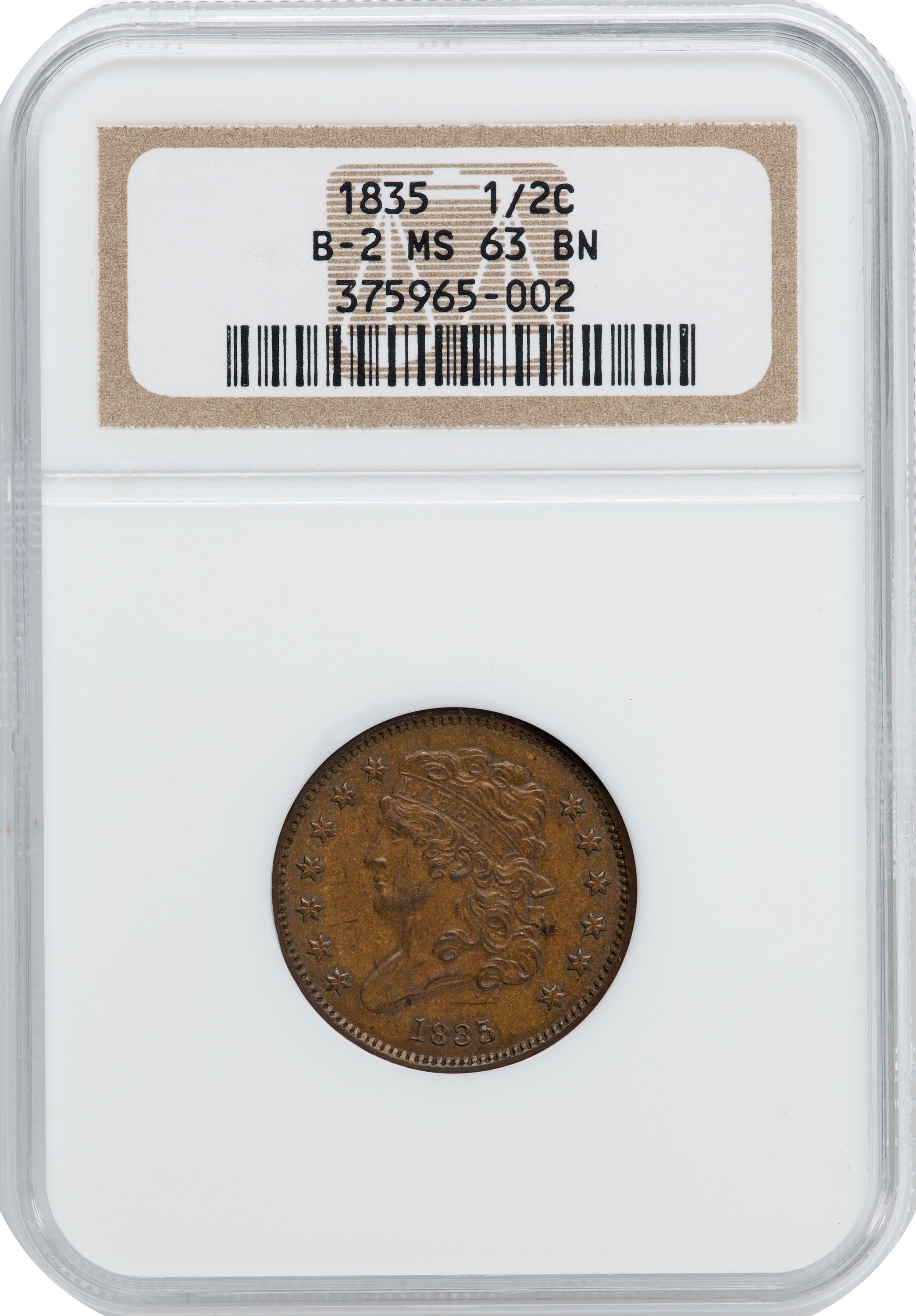 image for: 1835 1/2 C C-2, B-2, R.1, MS63 Brown NGC. NGC Census: (3/9). PCGS Population: (5/4). MS63. Mintage 398,000. ...