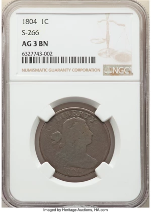 image for: 1804 1C S-266, B-1, R.2, AG3 NGC. NGC Census: (21/75). PCGS Population: (6/39). CDN: $1,200 Whsle. Bid for NGC/PCGS AG3 . ...