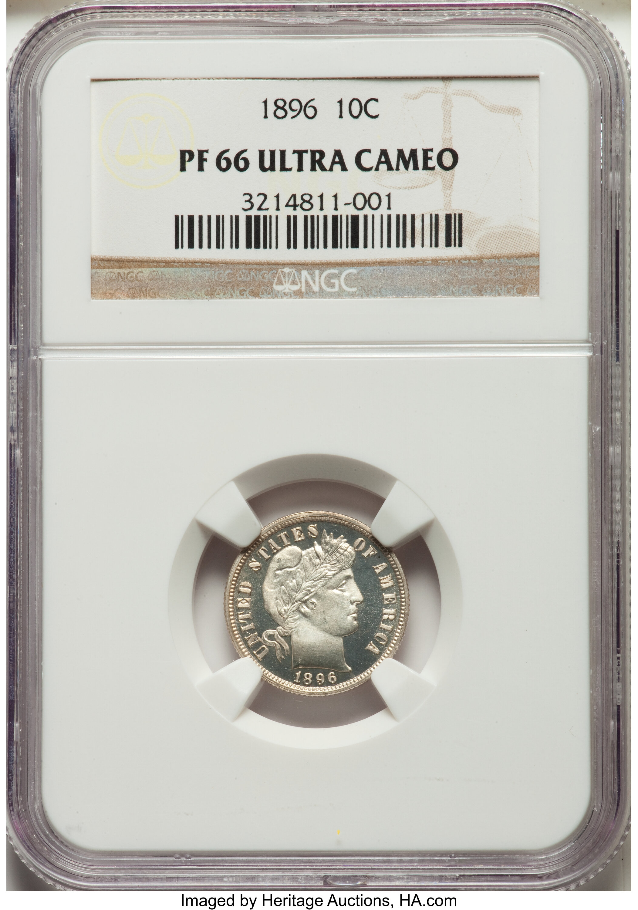 image for: 1896 10C PR66 Ultra Cameo NGC. NGC Census: (1/1). PCGS Population: (5/3). PR66. Mintage 762. ...