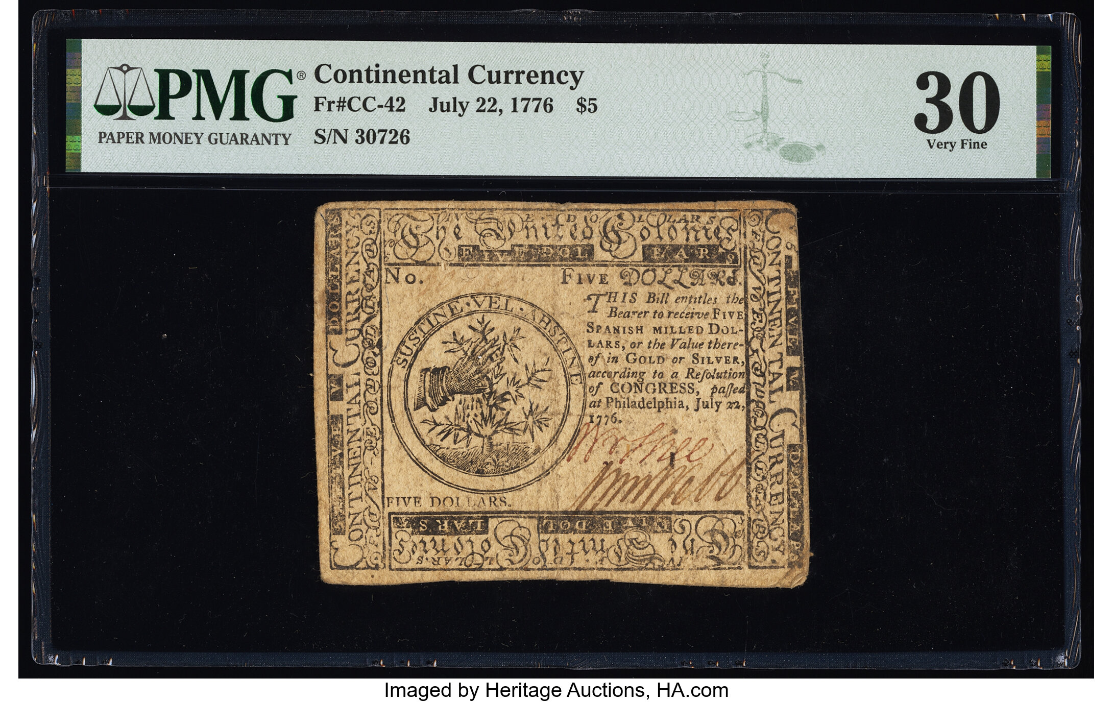 image for: Continental Currency July 22, 1776 $5 PMG Very Fine 30....