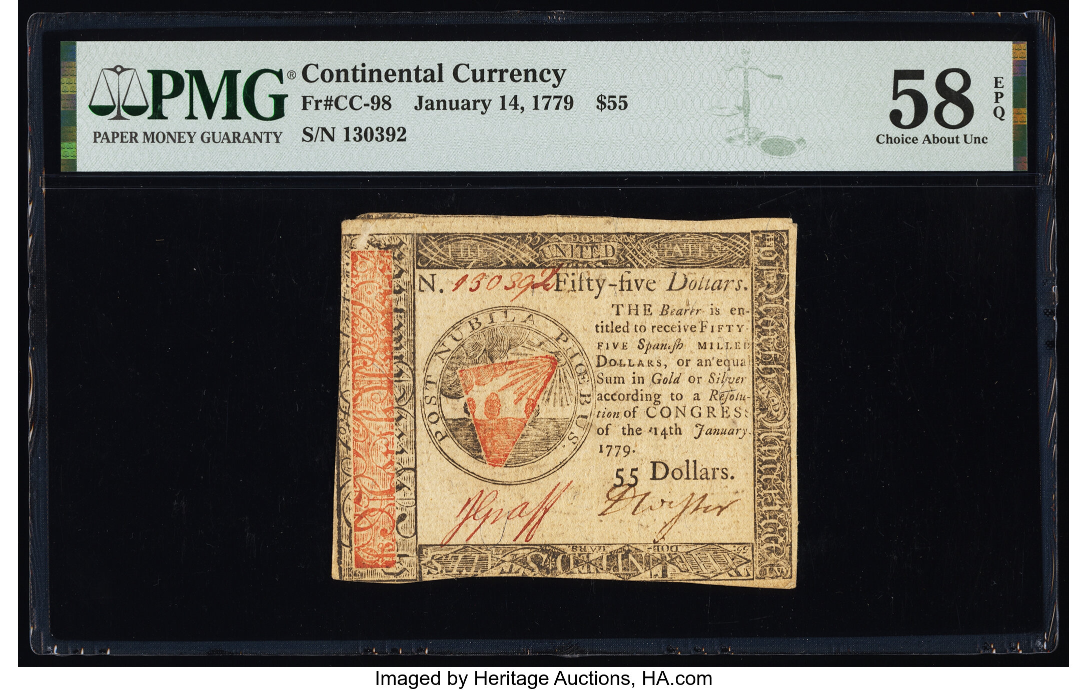image for: Continental Currency January 14, 1779 $55 PMG Choice About Unc 58 EPQ....