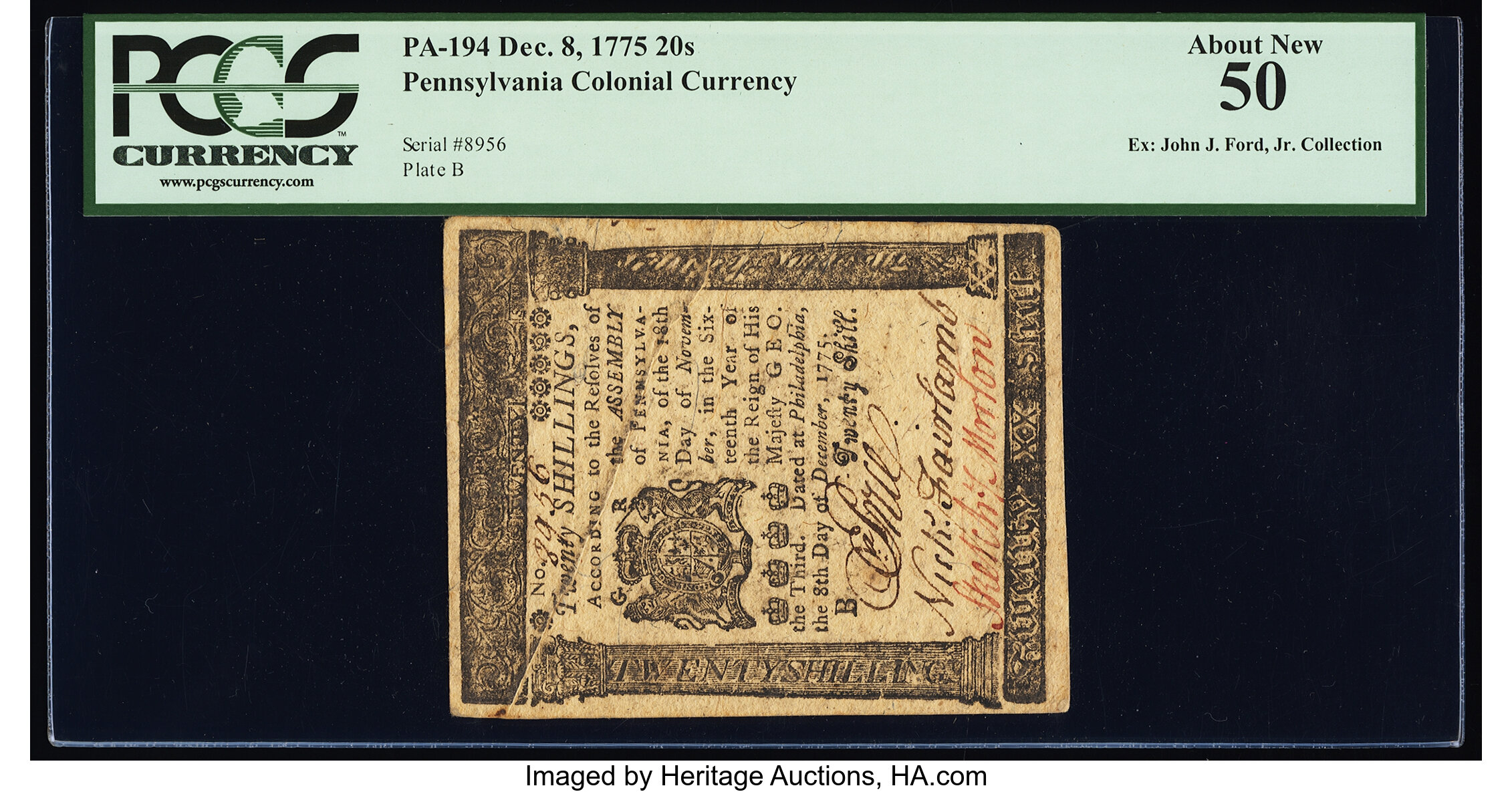 image for: Pennsylvania December 8, 1775 20s PCGS About New 50....