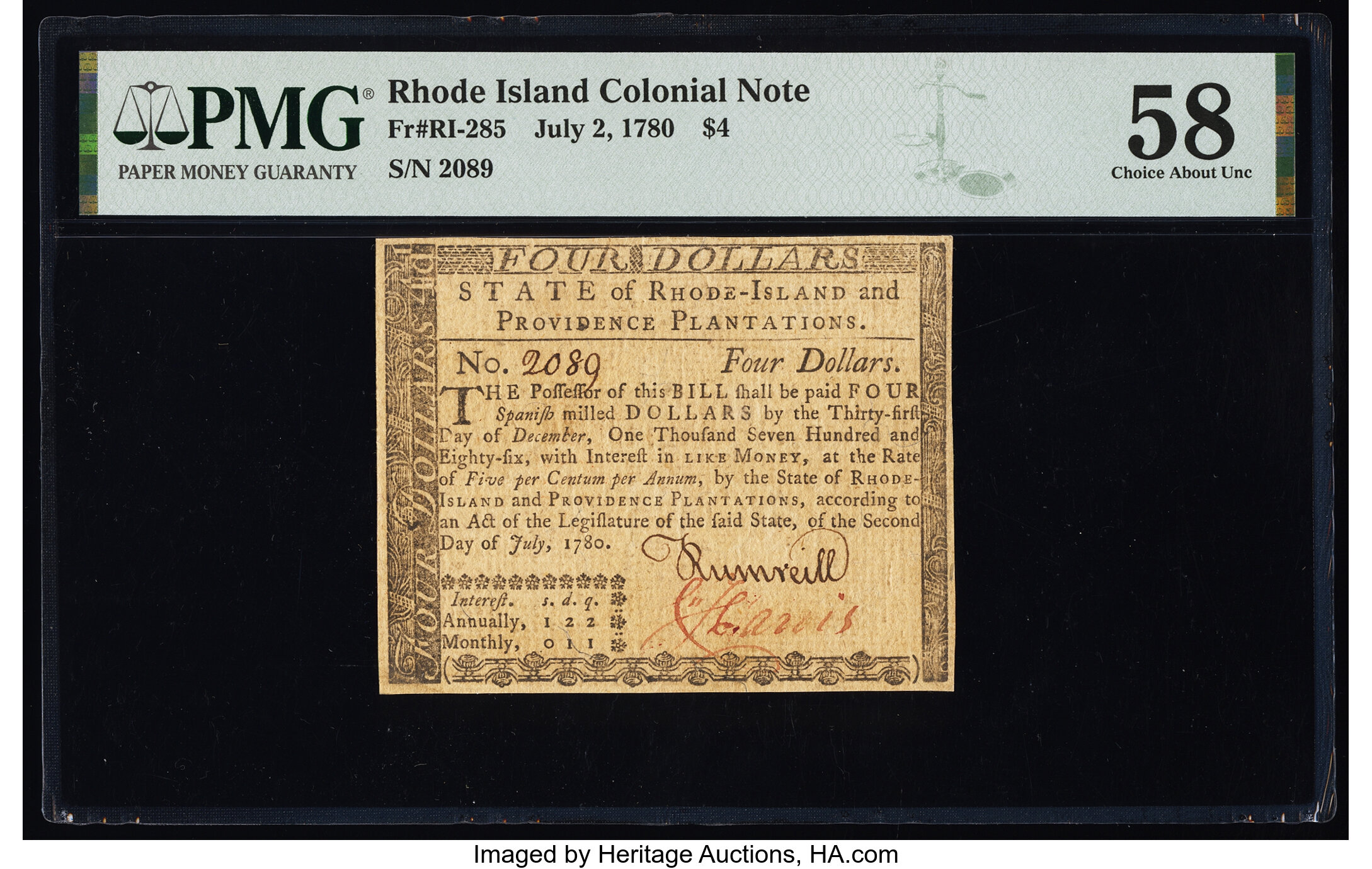 image for: Rhode Island July 2, 1780 $4 PMG Choice About Unc 58....