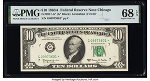 image for: Fr. 2017-G* $10 1963A Federal Reserve Star Note. PMG Superb Gem Unc 68 EPQ....