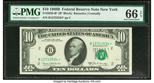 image for: Fr. 2020-B* $10 1969B Federal Reserve Note. PMG Gem Uncirculated 66 EPQ....