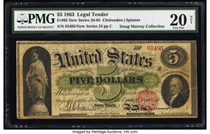 image for: Fr. 63 $5 1863 Legal Tender PMG Very Fine 20 Net....