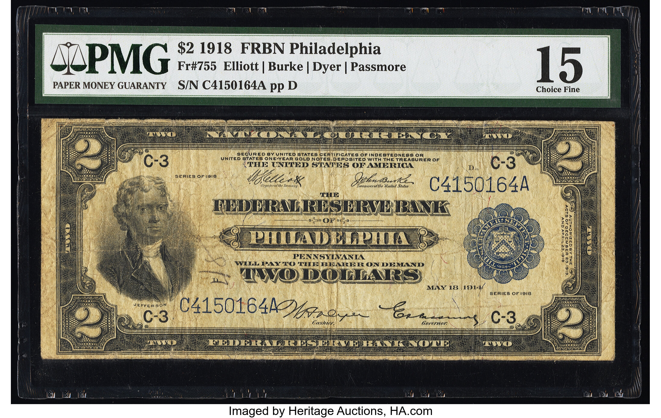 image for: Fr. 755 $2 1918 Federal Reserve Bank Note PMG Choice Fine 15....