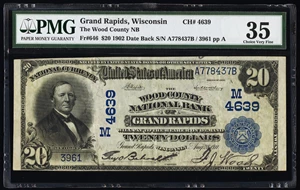 image for: Grand Rapids, WI - $20 1902 Date Back Fr. 646 The Wood County National Bank Ch. # (M)4639 PMG Choice Very Fine 35....