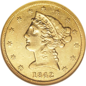 image for: 1842 $5 Small Letters AU50 NGC....