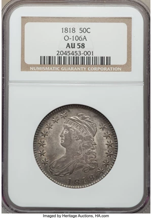 image for: 1818 50C O-106a, R.3, AU58 NGC. NGC Census: (3/1). PCGS Population: (0/1). AU58. Mintage 1,960,322. ...