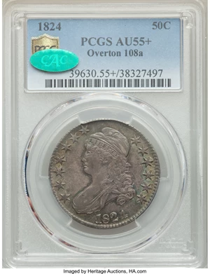image for: 1824 50C O-108a, R.2, AU55+ PCGS. CAC. PCGS Population: (4/3 and 1/0+). NGC Census: (1/4 and 0/0+). AU55. Mintage 3,504,954...