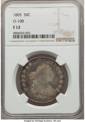 image for: 1805 50C O-108, T-9, High R.4, Fine 12 NGC. NGC Census: (1/8). PCGS Population: (2/4). Fine 12. ...