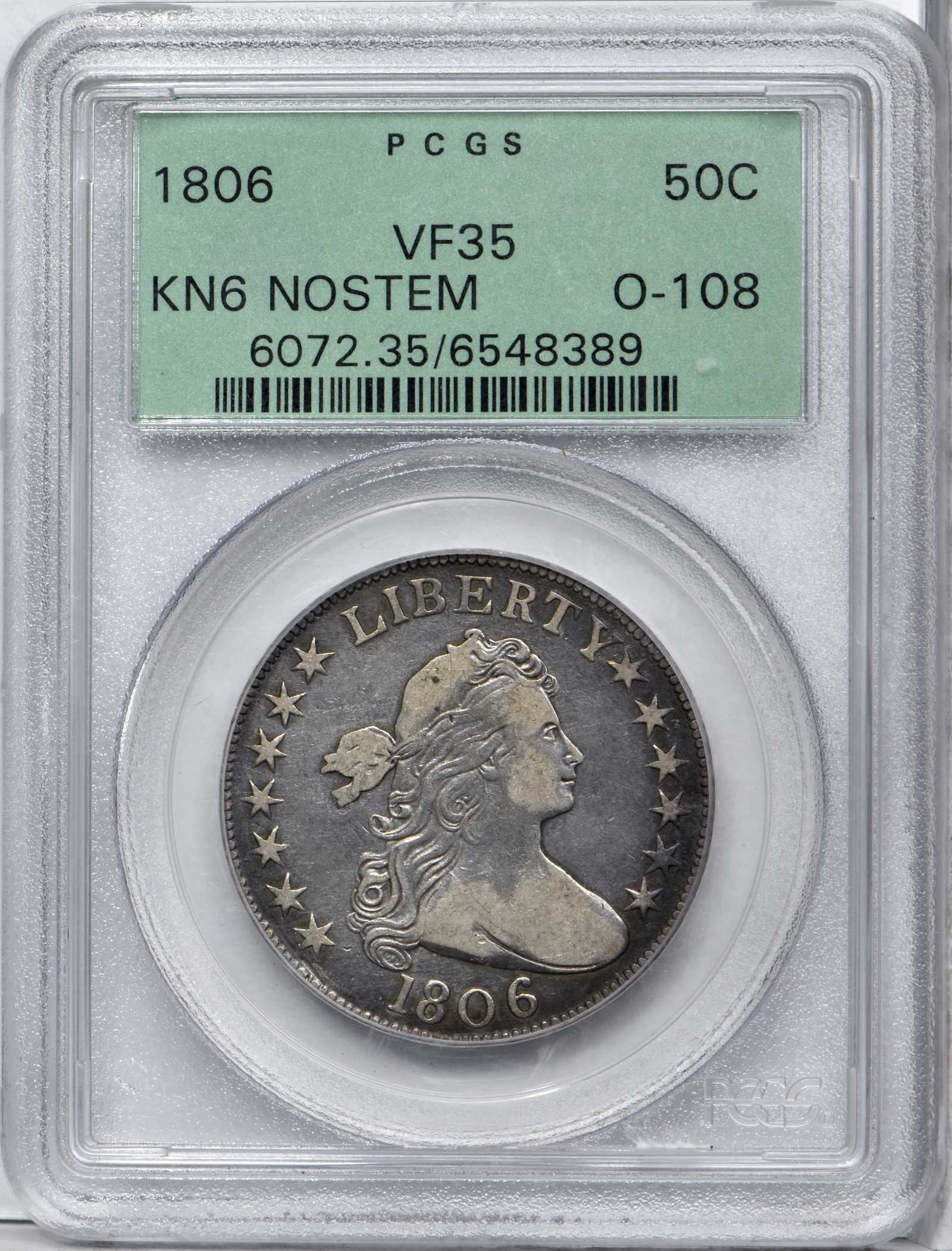 image for: 1806 Draped Bust Half Dollar. O-108, T-2. Rarity-7. Knobbed 6, Stem Not Through Claw. VF-35 (PCGS). OGH.