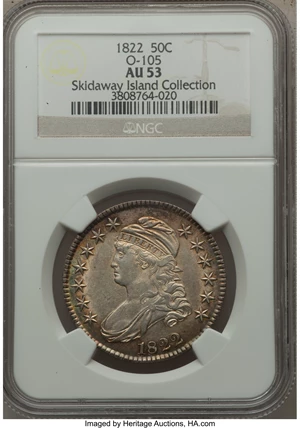 image for: 1822 50C O-105, R.3, AU53 NGC. NGC Census: (1/10). PCGS Population (1/7). Mintage: 1,559,573. From The Skidaway Island ...