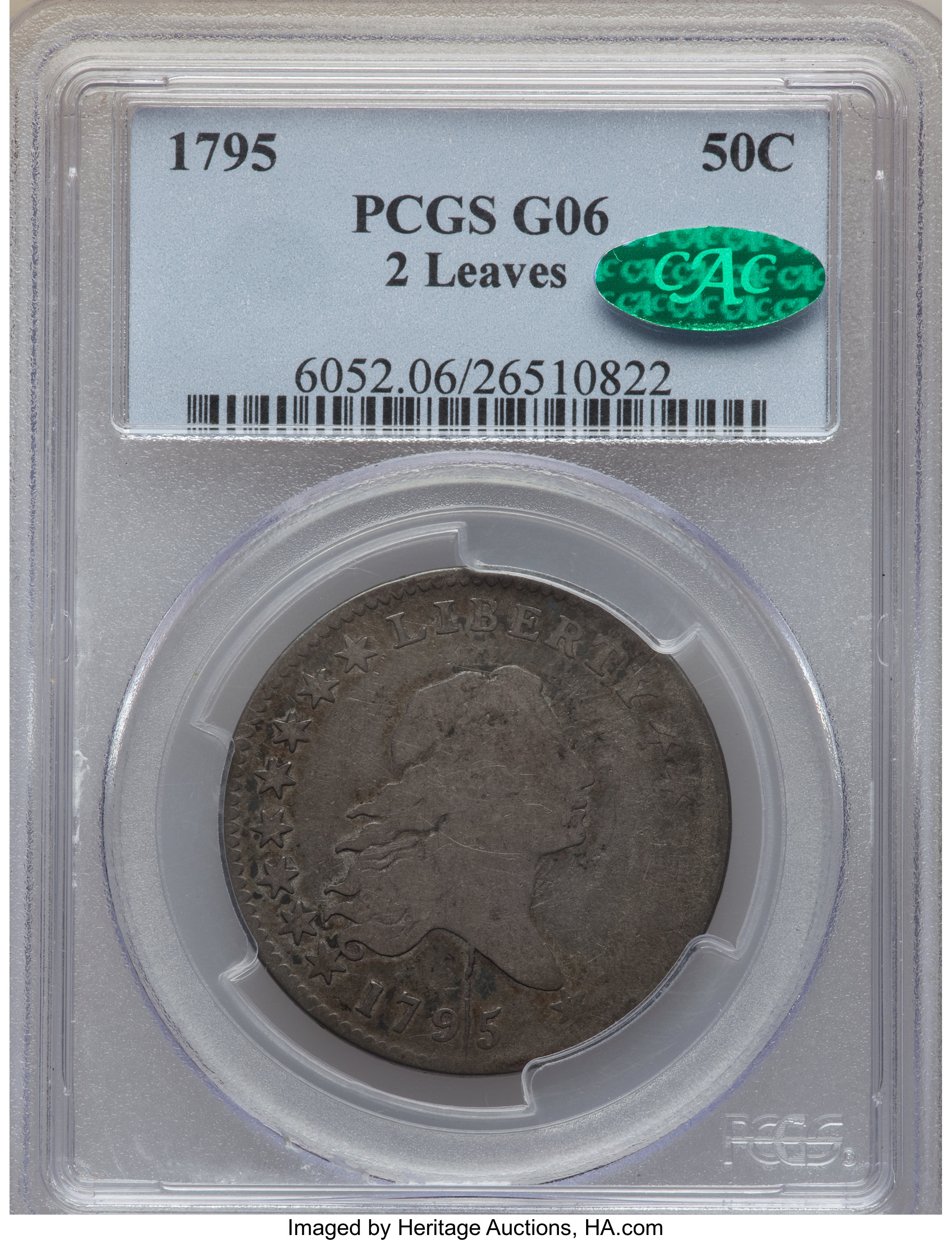 image for: 1795 50C 2 Leaves, Y Over Star, O-121a, R.6, Good 6 PCGS. CAC....