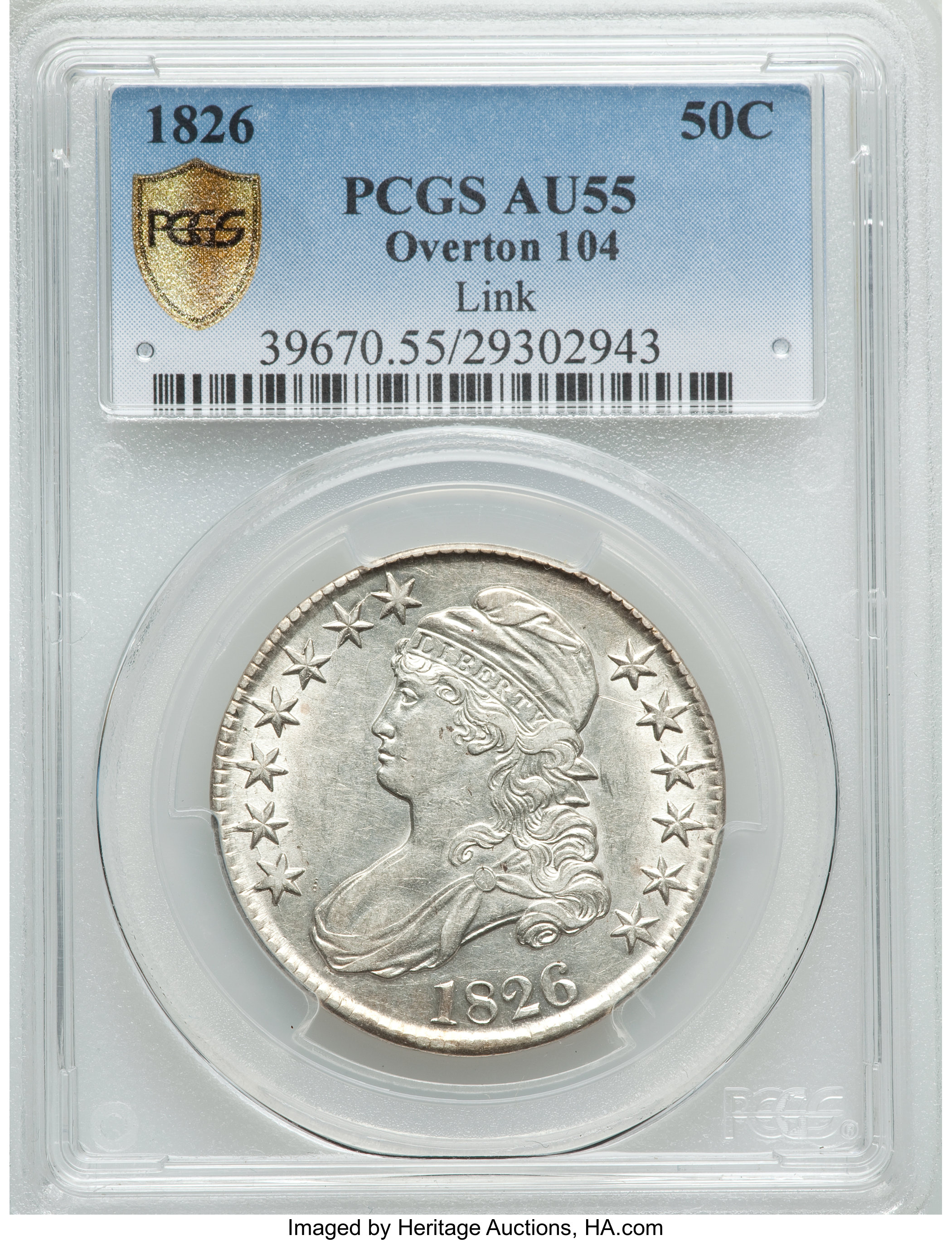 image for: 1826 50C O-104, R.3, AU55 PCGS Secure. Ex: Link. PCGS Population (2/1). NGC Census: (1/3). Mintage: 4,000,000....