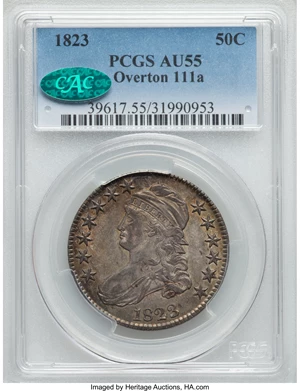 image for: 1823 50C O-111a, R.2, AU55 PCGS. CAC. PCGS Population (4/2). NGC Census: (2/2). Mintage: 1,694,200. ...