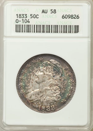 image for: 1833 50C O-104, R.1, AU58 ANACS. NGC Census: (8/3). PCGS Population (1/3). Mintage: 5,206,000. ...