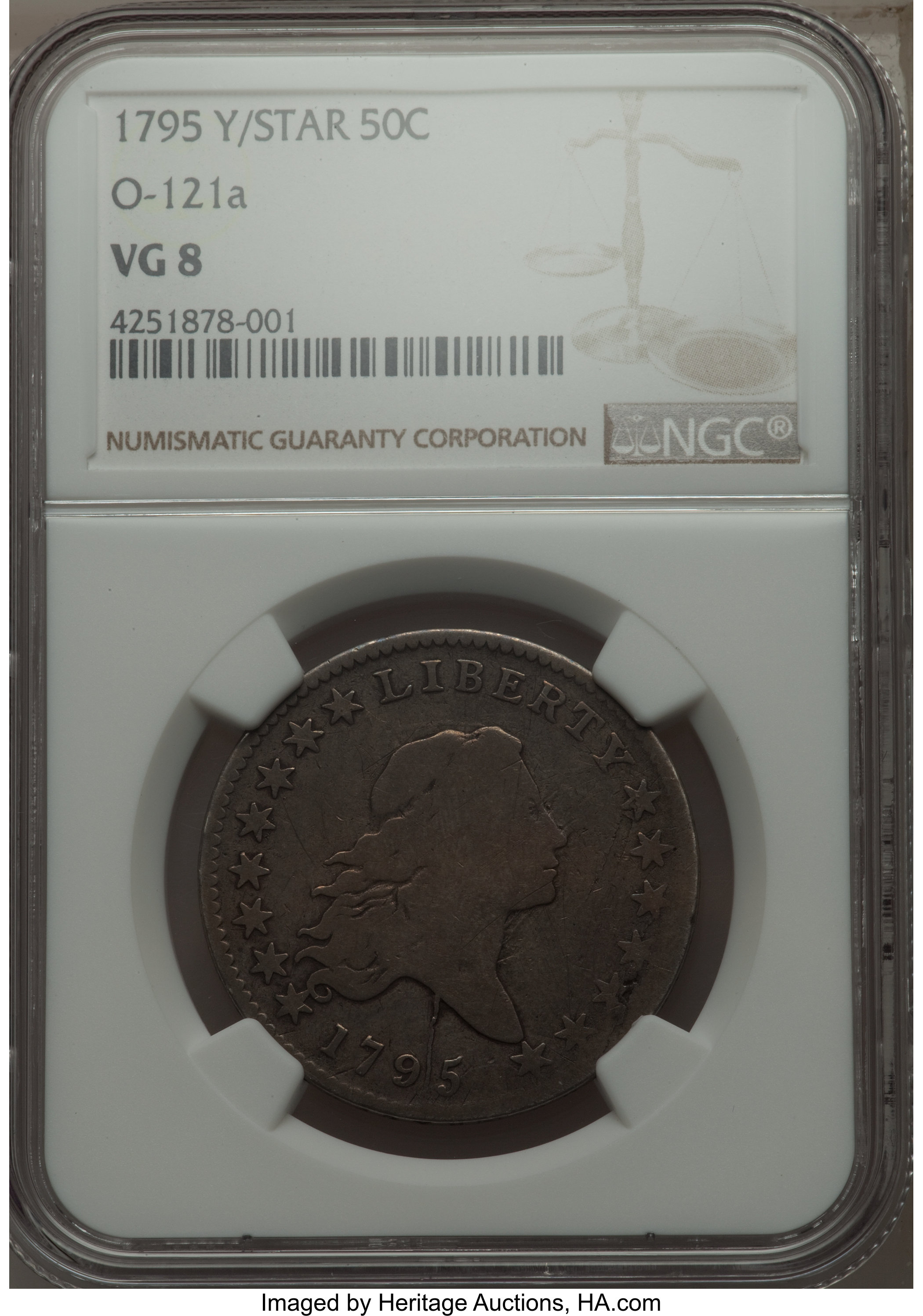 image for: 1795 50C 2 Leaves, Y Over Star, O-121a, T-2, R.6, VG8 NGC....