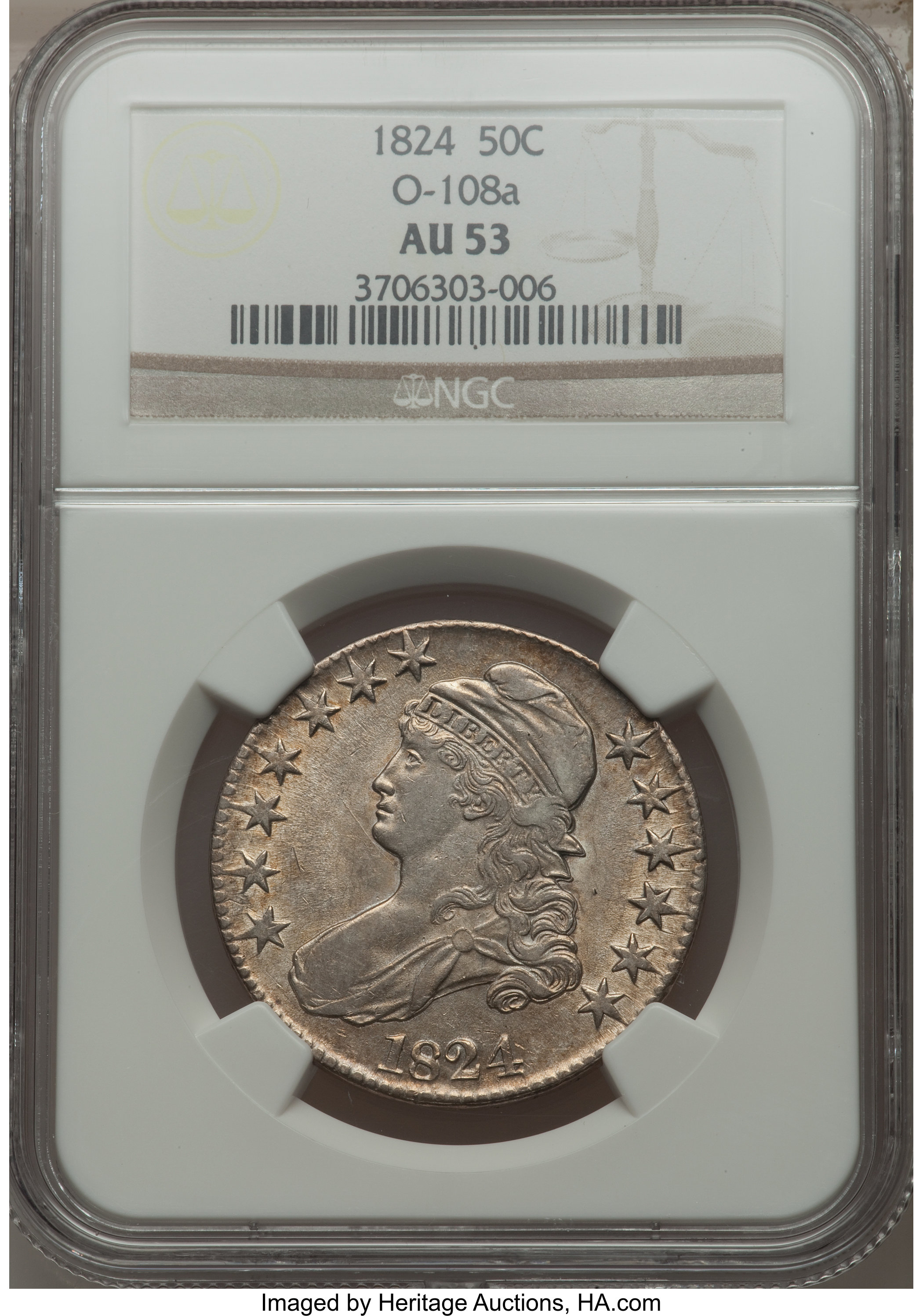 image for: 1824 50C O-108a, R.2, AU53 NGC. NGC Census: (1/5). PCGS Population (1/4). Mintage: 3,504,954. ...