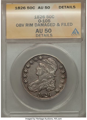image for: 1826 50C O-105, R.3, -- Obverse Rim Damaged & Filed -- ANACS. AU50 Details. NGC Census: (1/11). PCGS Population (1/7). Mint...