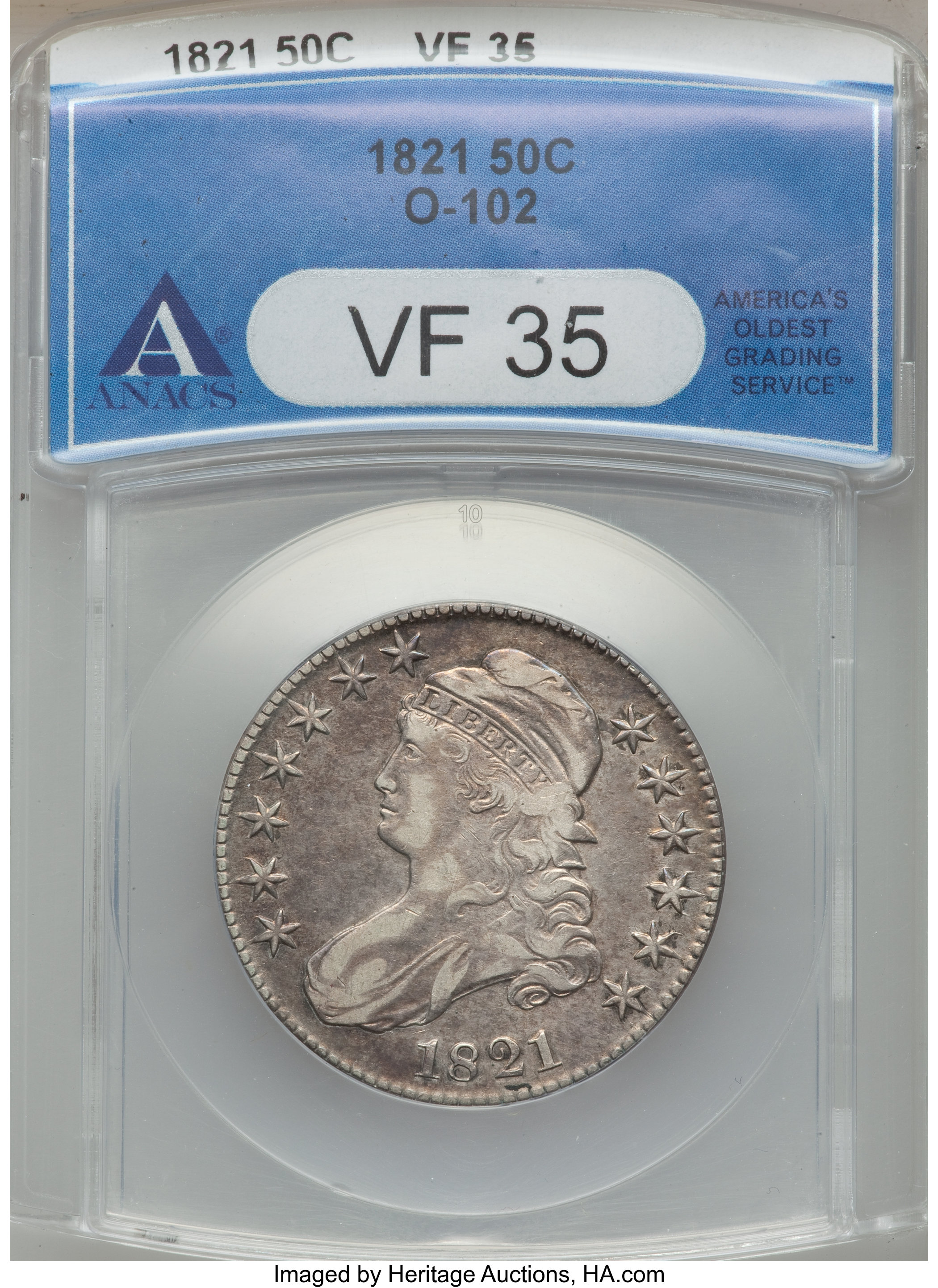 image for: 1821 50C O-102, R.2, VF35 ANACS. NGC Census: (2/9). PCGS Population (1/8). Mintage: 1,305,797. ...