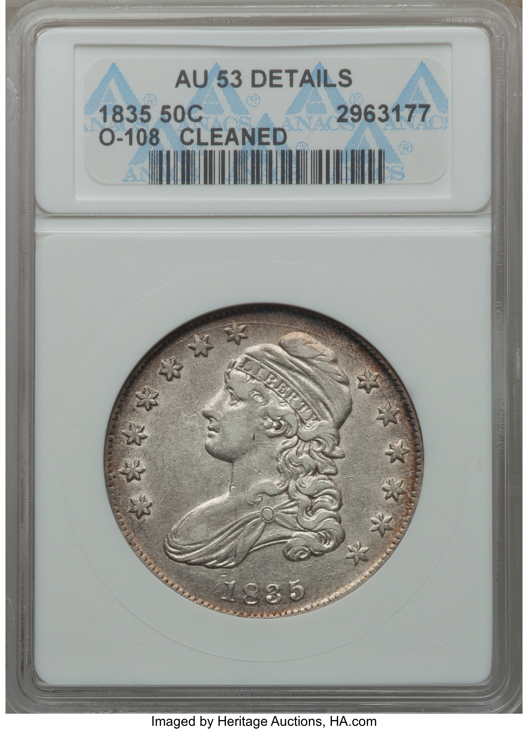 image for: 1835 50C O-108, R.3, -- Cleaned -- ANACS. AU53 Details. NGC Census: (2/14). PCGS Population (0/6). Mintage: 5,352,006. ...