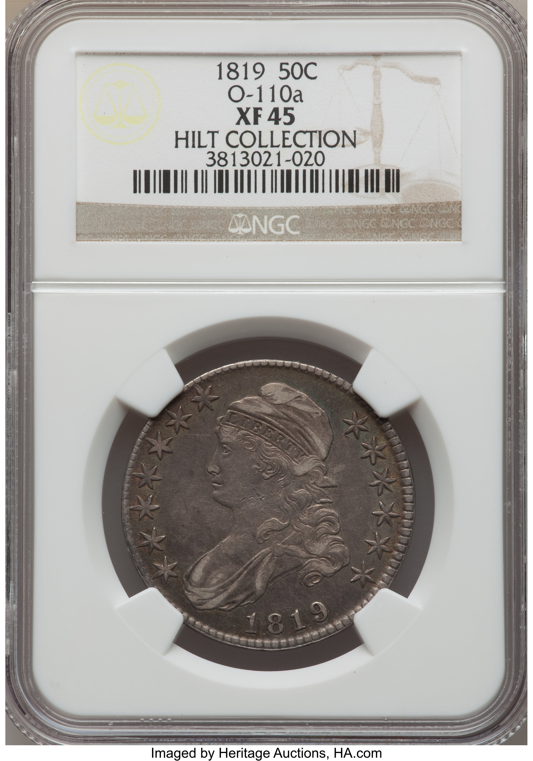 image for: 1819 50C O-110a, R.3, XF45 NGC. Ex: Hilt Collection. NGC Census: (2/10). PCGS Population (0/5).  ...
